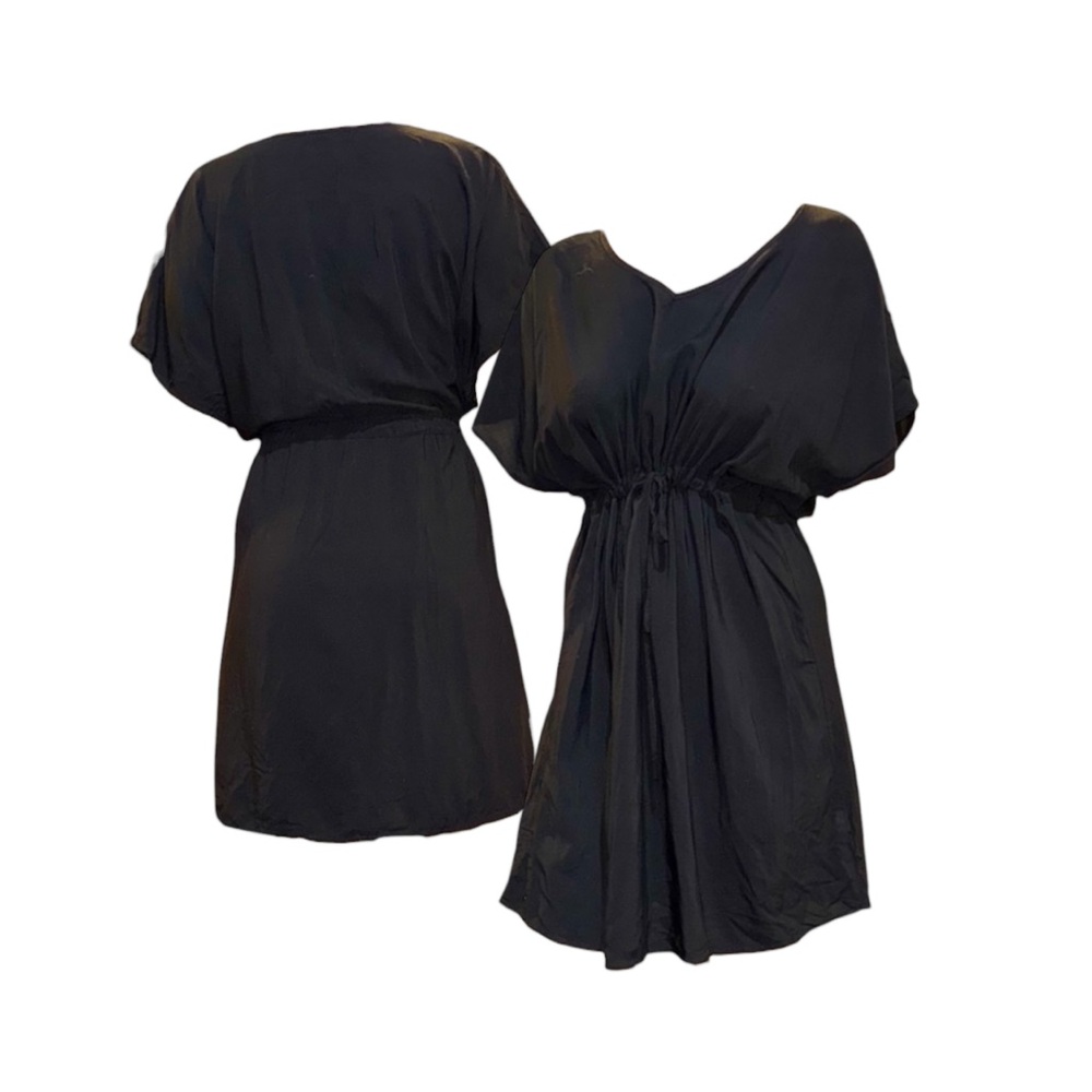 Black V-Neck Drawstring Waist Mini Dress